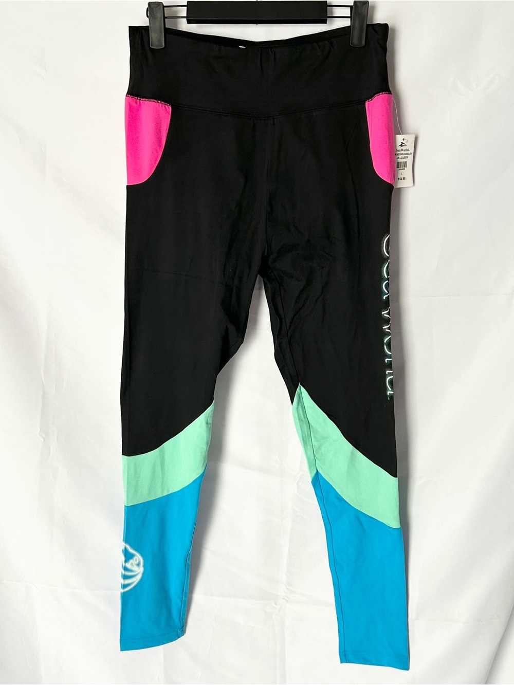Colorblock Leggings with Pink & Aqua Accents - Women